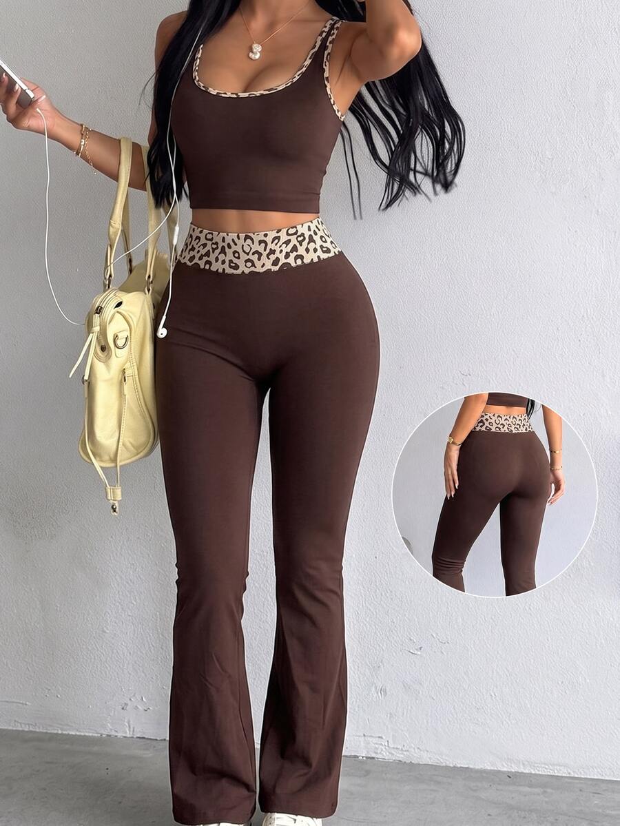 SHEIN Sovereign Charm Seamless Yoga Leggings / Leopard Print Waistband Contrast / Fashionable & Sexy / Comfortable & Versatile - Coffee Brown - View 1