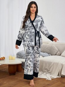 Serenescape Vintage Ink Print Plus Size Women's 3 Pieces Pajama Set, Bubble Gauze Crinkled Tie Robe, Wearable Loungewear For Vacation And Home - Black and White - View 7