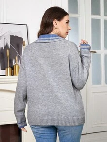 SHEIN Clasi Plus Size Women's Patchwork Striped Collared Drop Shoulder Long Sleeve Casual Sweater - Grey - View 2