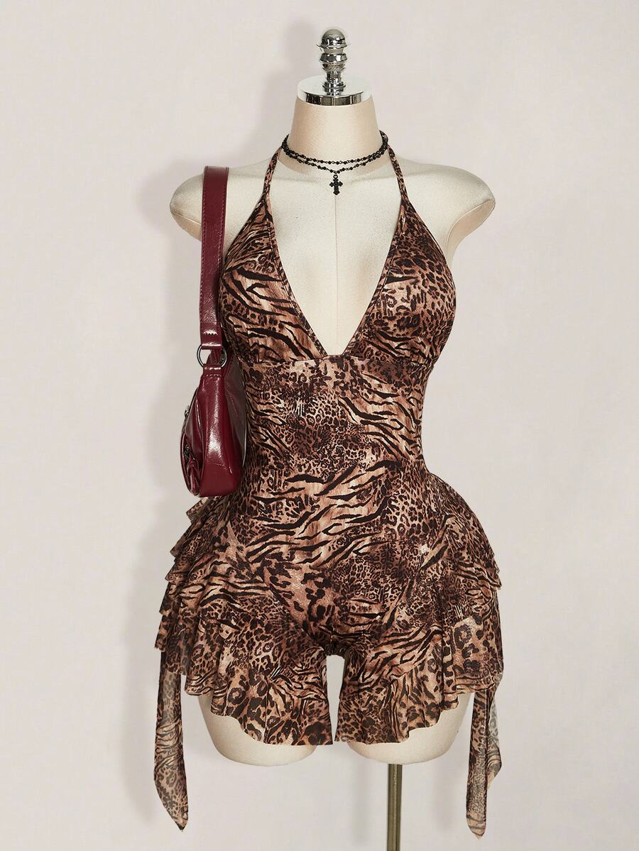 SHEIN ICON 大尺碼女款豹紋荷葉邊網紗連身褲 - 棕色 - 查看 1