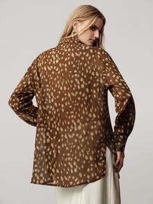 Aveloria Modichic Blus Chiffon Longgar Kerah Kancing Depan Lengan Panjang Semi Transparan Elegan Cokelat Motif Bintik Macan Tutul Tidak Beraturan Pakaian Musim Gugur untuk Wanita Thanksgiving - MultiWarna - View 2