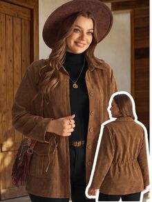EMERY ROSE Plus Drawstring Waist Button Front Coat - Brown - View 2