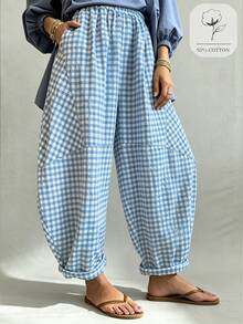 SHEIN PETITE Women's Spring/Autumn 2026 New Bohemian Vintage Blue Plaid Loose Lantern Balloon Pants, Cropped Length, Cotton Blend Textured Bubble Plaid Fabric; Elastic Waist Design Fits Various Body Types, Loose Lantern Silhouette Casual And Relaxed, Rolled Hem Cuffs Add Detail And Layering, Suitable For Daily Wear, Casual Outfits, Lazy Vacation - Blue - View 4