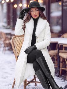 Editum Women's Comfortable Button-Up Waist-Cinching Fur Collar Padded Coat - White - View 3