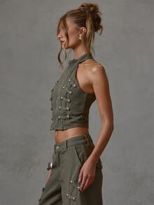 MUSERA Khaki Denim Halterneck Military Detail Top Fall Winter Everyday Causal Going Out Cool Girl Festival Forces - Army Green - View 4
