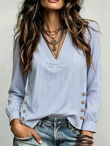 SHEIN Women's Minimalist Commuter V-Neck Casual Loose Button Decor Long Sleeve College Style Daily Wear Blouse - White - View 3