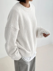 DAZY Women's Solid Color Round Neck Drop Shoulder Long Sleeve Casual Loose Sweater - White - View 4