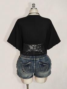 SHEIN ICON Dam T-shirt i plus size med svart spets och patchwork - Svart - Visa 2
