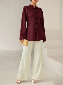 Graceveil 女款素色休閒百搭日常穿著襯衫 - 酒紅色 - 查看 6