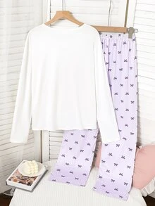 4件組女孩青少年居家服，長袖鏤空印花上衣搭配全數位印花長褲，牛奶絲面料舒適居家休閒服 - 紫色 - 查看 2