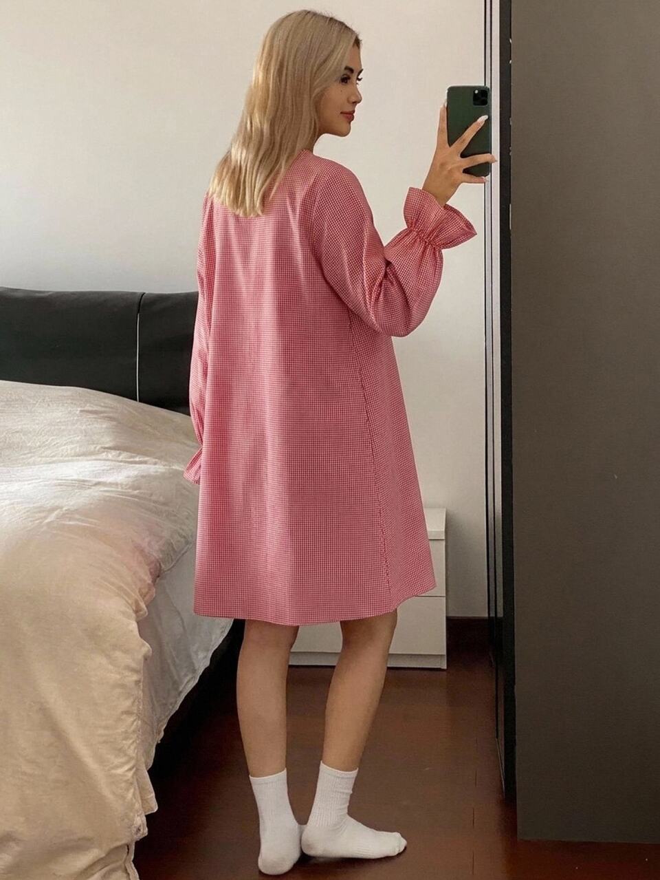 Plaid Half-Open Front Loose Long Sleeve Short Dress Women's Nightgown