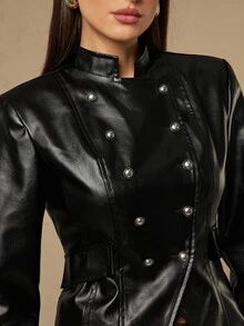 Silquee This Black PU Long-Sleeve Casual Jacket Features Broad Shoulders And A Double-Breasted Metal-Button Design, Blending Fashion-Forward Appeal With A Ret - Black - View 6