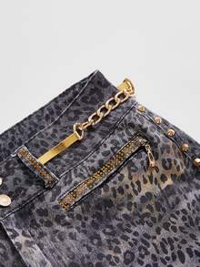 ROMWE Grunge Punk Y2K Retro Sexy Leopard Print Metal Rivet Ultra Low Waist Skinny Denim Shorts - Multicolor - View 3