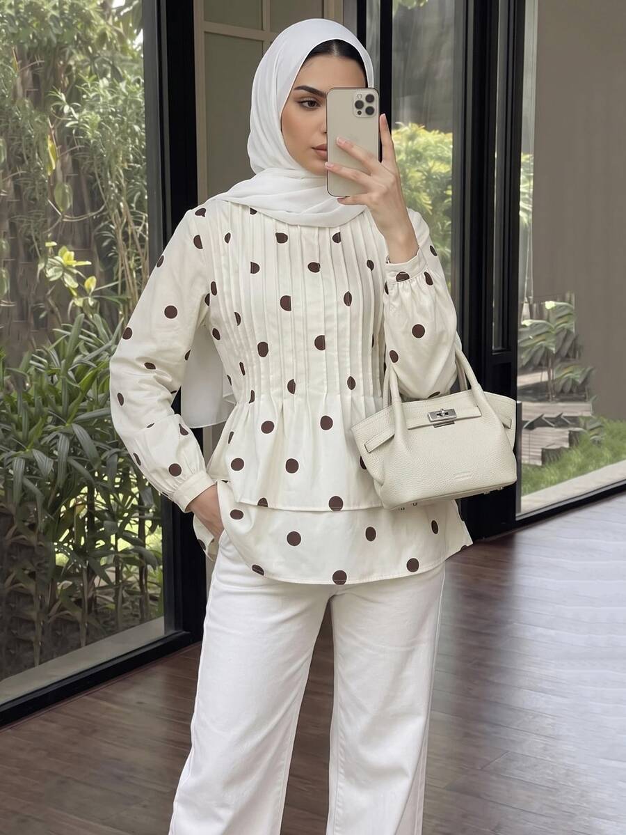 Solavon Women's Brown And White Polka Dot Casual Vintage Elegant Daily Wear Blouse Brunch Autumn - Yellow - View 1