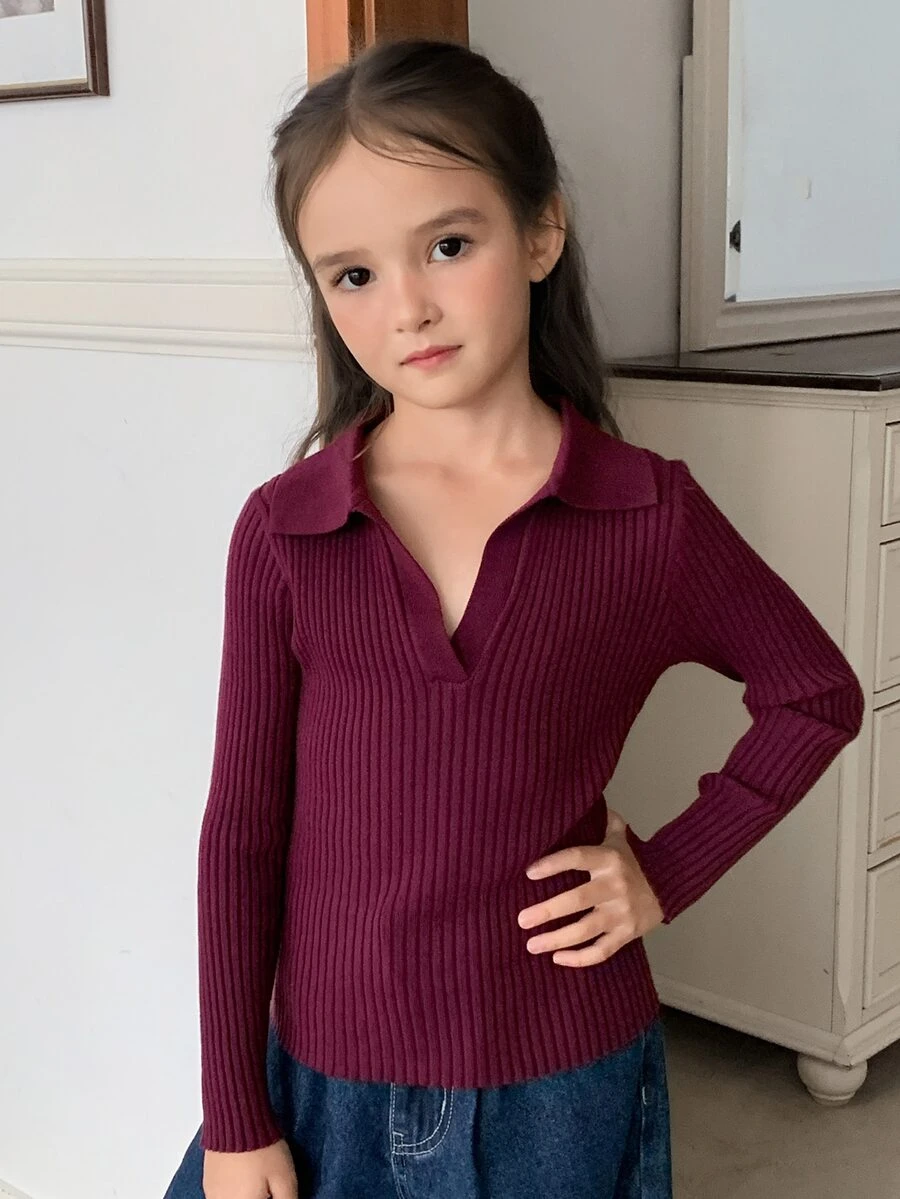 Dazy Kids Tween Girl) Fitted Knit Sweater, Basic Turn Collar Inner Layer, Slim Fit Knit Top - Burgundy - View 1