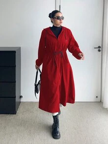 POPSWAY 大尺碼長袖夾克，前拉鍊口袋、連帽與抽繩收腰，秋季款 - 紅色 - 查看 3