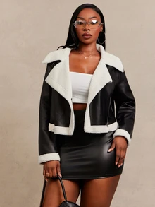 SHEIN SXY Black Faux Fur & PU Leather Short Long Sleeve Jacket Winter - Black and White - View 3