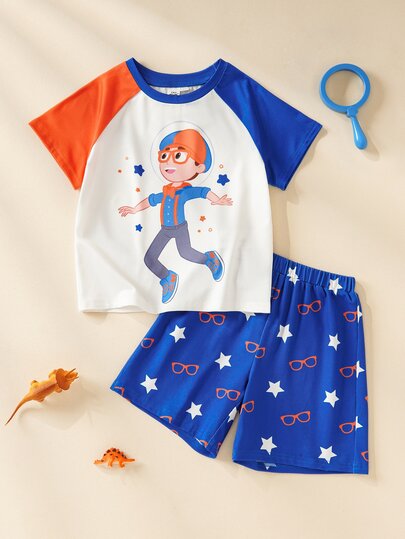 Blippi X SHEIN Completo da casa per ragazzo con maglietta a maniche corte e pantaloncini con stampa cartoni animati