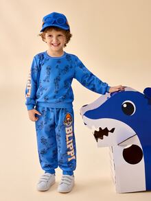 Blippi X SHEIN 小男孩圓領條紋字母印花衛衣與長褲套裝 - 藍色 - 查看 7