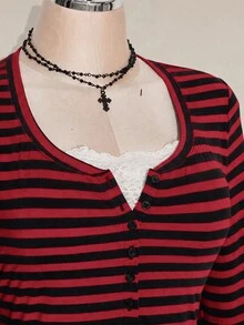 SHEIN ICON Women's Plus Size Autumn/Winter Contrast Lace Black & Gray Striped Fitted T-Shirt Fall - Multicolor - View 10