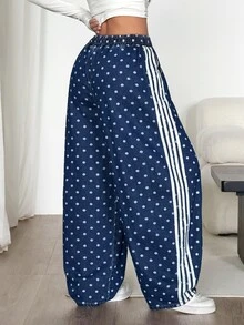 Muchica 女款休閒寬鬆弧形腿條紋牛仔褲，秋冬女裝，運動休閒百搭時尚牛仔褲，派對，秋季穿搭 - 藍色 - 查看 2