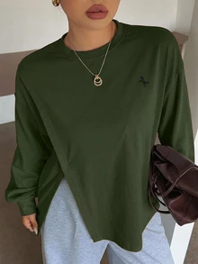 Dazy Plus White Crew Neck Solid Color Casual Versatile Side Slit Design Long Sleeve T-Shirt For Spring Summer Autumn - Army Green - View 2