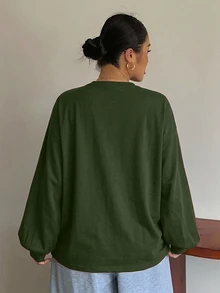Dazy Plus White Crew Neck Solid Color Casual Versatile Side Slit Design Long Sleeve T-Shirt For Spring Summer Autumn - Army Green - View 6