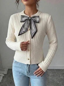 SHEIN 白色圓領蝴蝶結前綁帶開襟衫，秋冬款 - 白色 - 查看 4