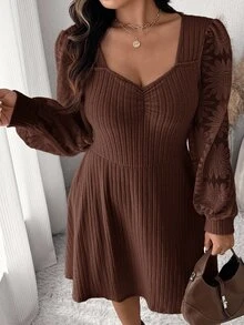 SHEIN CURVE+ US22 Size Plus Size Women's Heart Neck Long Sleeve Ruched Ribbed Casual Dress 5XL Autumn Dress - Brown - View 4