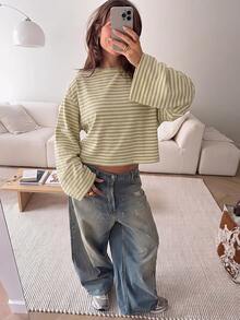 SHEIN EZwear 女款條紋圓領落肩長袖休閒寬鬆T恤 - 彩色 - 查看 6
