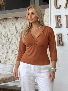Auralis Early Autumn Deep V-Neck Back To School Season Mid-Sleeve Fitted Teal Plus Size Elegant T-Shirt/Modern Commute - Brown - View 6
