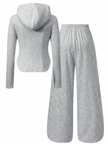 SHEIN Girls' Casual Fashion Knit Solid Color Front Positioned Graphic Print Double Pocket Long Sleeve Hooded Zip-Up Jacket With Solid Color Knit Positioned Graphic Print Pants Comfortable 2 Pieces Set - Grey - View 2