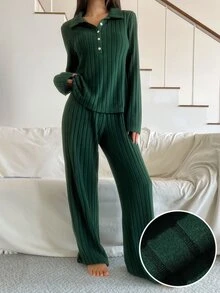 DAZY Women's Solid Color Long Sleeve Top And Pants Casual Daily Home Sleepwear Set - Coffee Brown - View 3