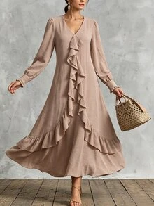 SHEIN PariChic Women's Solid Color Long Sleeve Patchwork Ruffle V-Neck Elegant Dress - Apricot - View 3