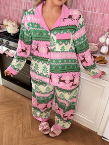 Slumberry CURVE Christmas Cute Reindeer Christmas Tree Snowflake Island Print Open Front Long Sleeve Plus Size Pajama Set - Multicolor - View 1