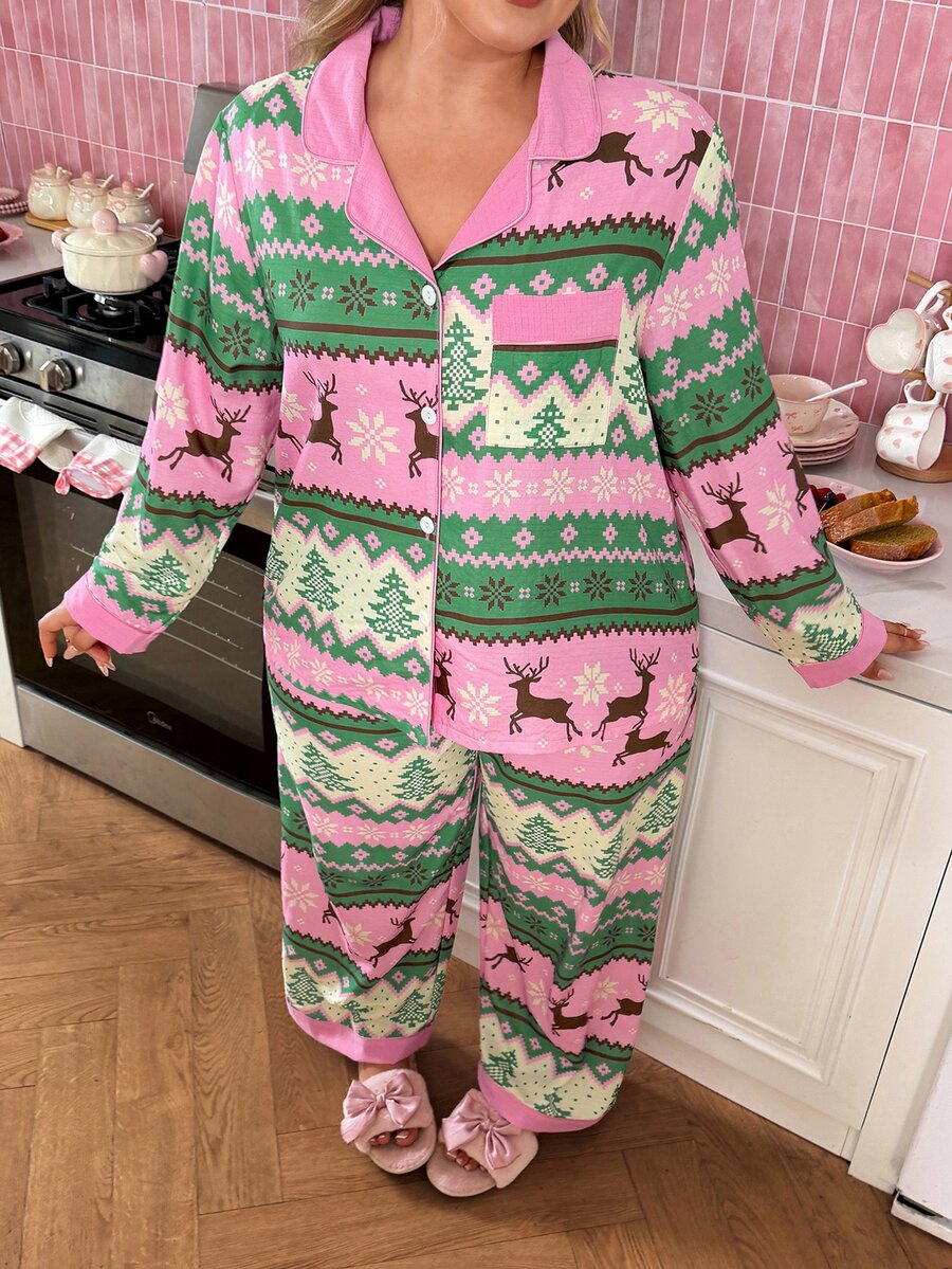 Slumberry CURVE Christmas Cute Reindeer Christmas Tree Snowflake Island Print Open Front Long Sleeve Plus Size Pajama Set - Multicolor - View 1