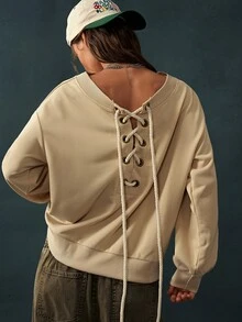 Bohemela Women's Round Neck Drawstring Tie Long Sleeve Solid Color Sweatshirt Everyday Beige Autumn Casual Streetwear - Apricot - View 5