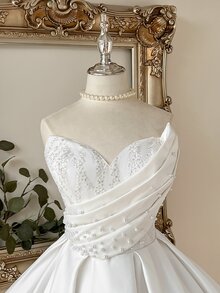 Lovelzi Elegant Luxurious White Sequin Embroidered Patchwork Satin Handmade Sequins Decor Strapless Asymmetric Bubble Hem Wedding Gift Party Dress - White - View 6
