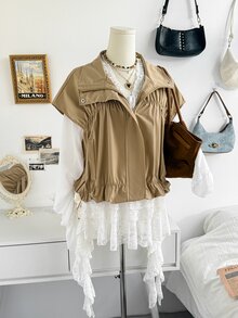 Soleia Autumn/Winter Zipper Pleated Vest Sleeveless Jacket - Beige - View 5