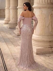 Glamrae Plus Size Elegant Luxurious Beaded Sequin Embroidered Lace Bubble Patchwork Elastic Knit Ruched Mermaid Skirt With Puff Sleeves, Suitable For Wedding Events, Bachelorette Party, Vacation, Ball, Evening Gown (Heavy Workmanship Style) - Dusty Pink - View 2