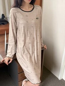 DAZY Women's Colorblock Denim Casual Daily Home Long Sleeve Nightgown - Khaki - View 5