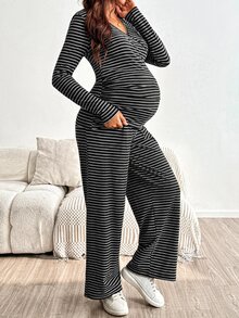 SHEIN 孕婦哺乳V領長袖上衣與長褲條紋兩件套 秋季 - 深灰色 - 查看 3