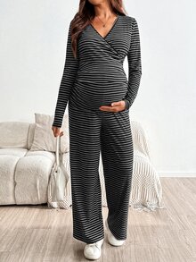 SHEIN 孕婦哺乳V領長袖上衣與長褲條紋兩件套 秋季 - 深灰色 - 查看 4