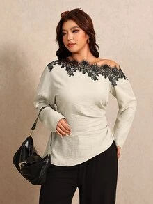 Elaquor Plus Size Women Lace Patchwork Elegant Slim Fit Blouse - Apricot - View 1