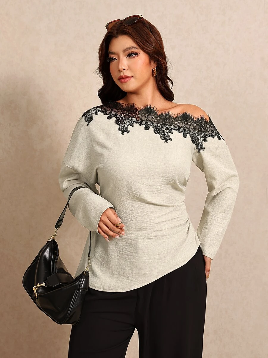 Elaquor Plus Size Women Lace Patchwork Elegant Slim Fit Blouse - Apricot - View 1