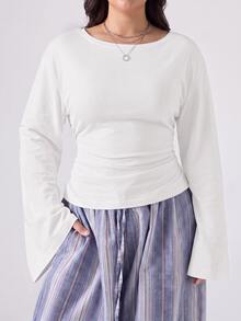 LYSMO Plus Size Women Solid Color Bell Sleeve Round Neck Waist Cinched Casual Cargo T-Shirt Fall Brunch Birthday All White - White - View 4
