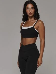 Musera Sport Double Layered Contrast Colour Sport Logo Fitted Sports Bra Coord Top Only Sport Essentials Basics Gym Workout Autumn Fall Winter - Black - View 4