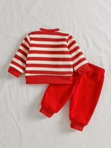 SHEIN Playful Pals 2件組新生兒男嬰女嬰衛衣＋長褲套裝，可愛紅白條紋熊貼布，長袖圓領加厚款，聖誕冬季節日，羅紋袖口 - 紅色 - 查看 2