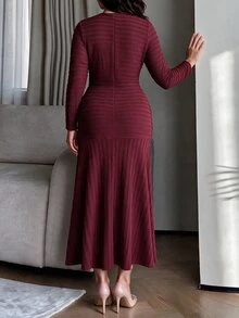 Modelyn Plus Size Women's Burgundy Woven Textured Striped Long Sleeve Metal Button Cinched Waist Bodycon A-Line Elegant Romantic Dress - Burgundy - View 2