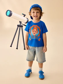 Blippi X SHEIN تي شيرت مطبوع بياقة دائرية وأكمام قصيرة للأولاد الصغار - الأزرق - مشاهدة 6